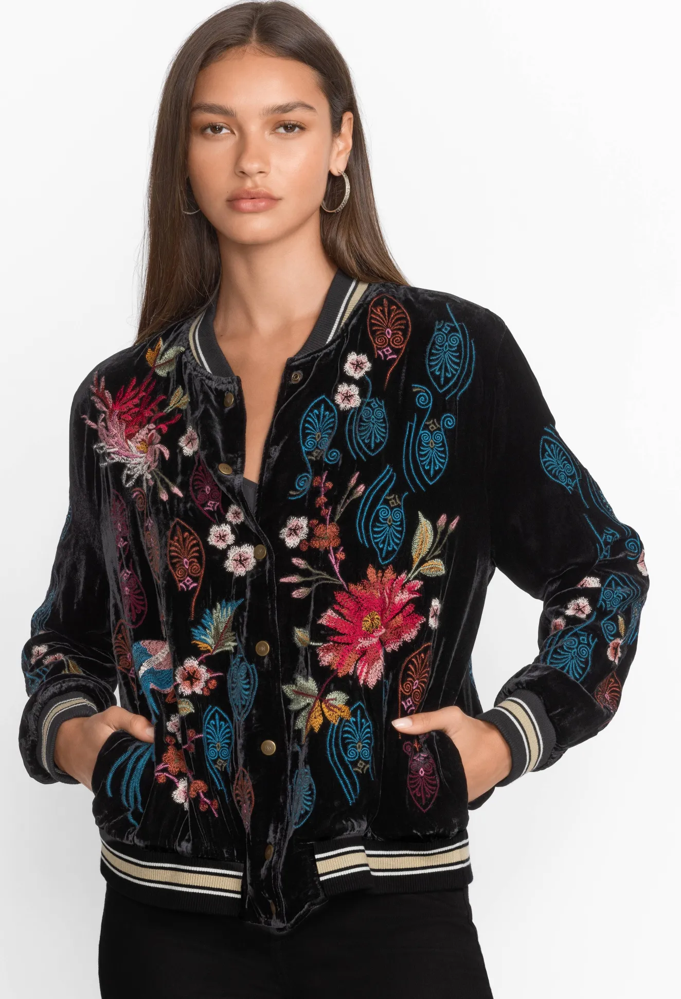 Women Johnny Was Ashira Velvet Snap Front Bomber Jacket