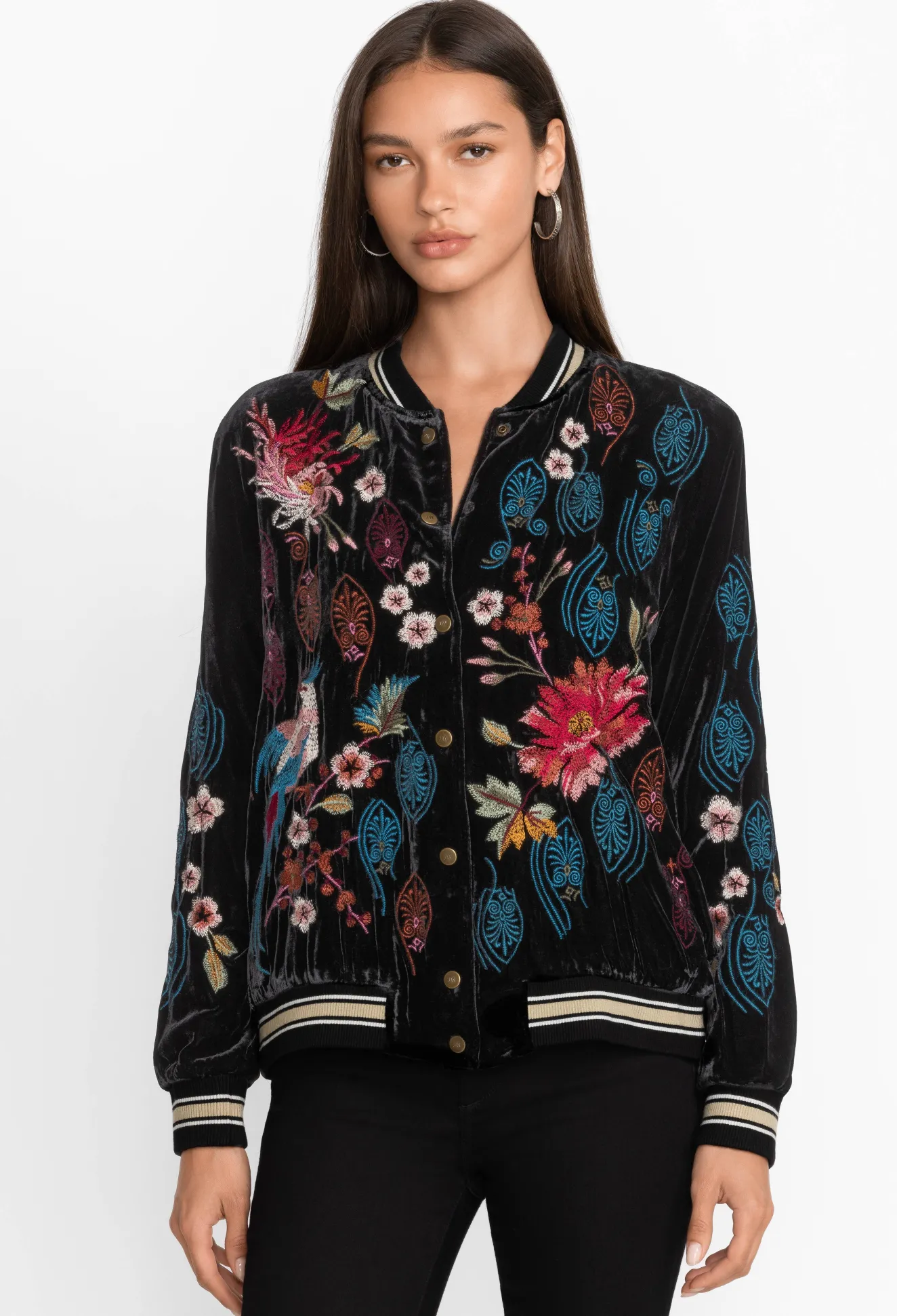 Women Johnny Was Ashira Velvet Snap Front Bomber Jacket