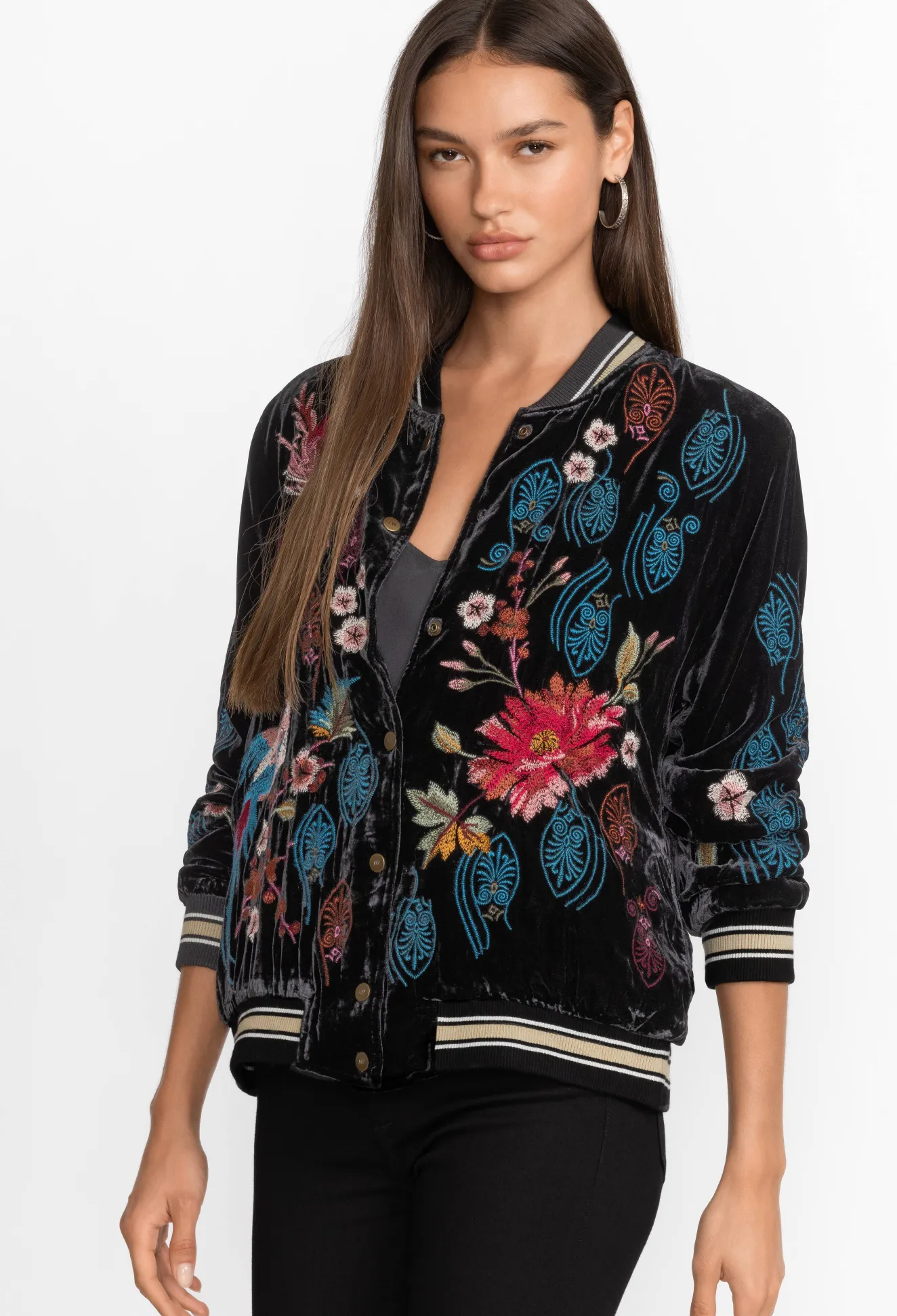 Women Johnny Was Ashira Velvet Snap Front Bomber Jacket
