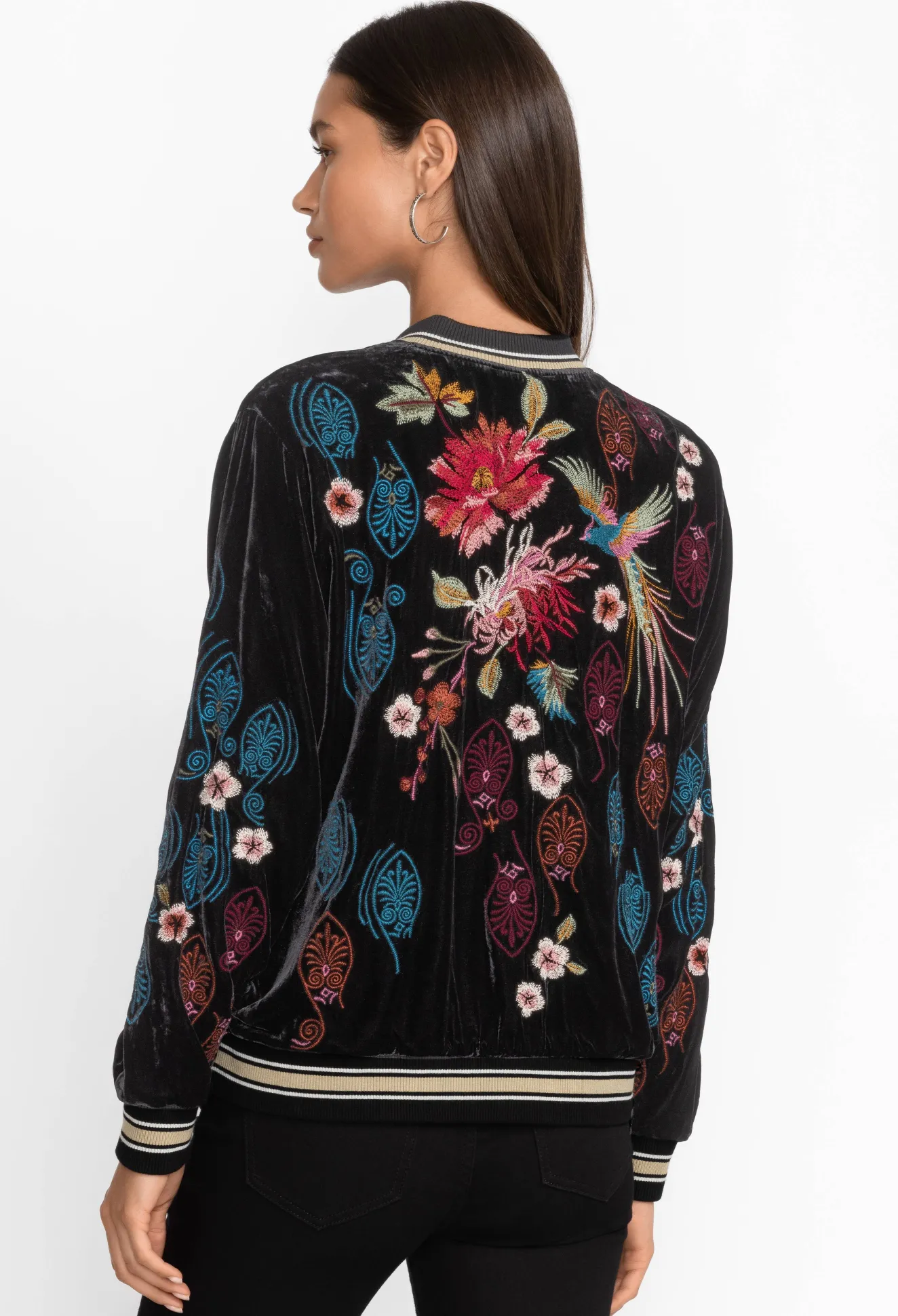 Women Johnny Was Ashira Velvet Snap Front Bomber Jacket