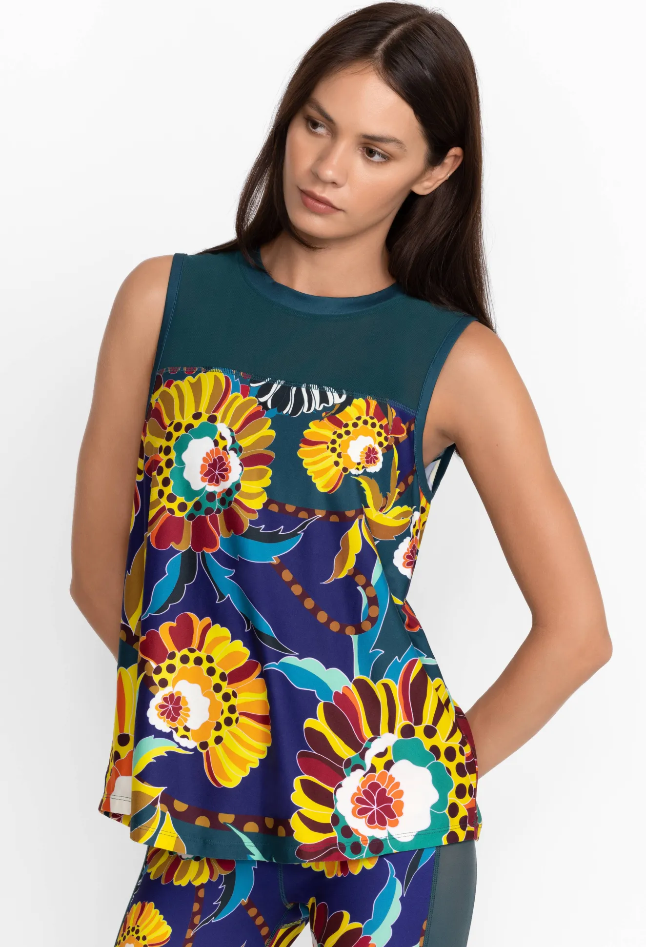 Women Johnny Was Bee Active High Low Mesh Contrast Tank