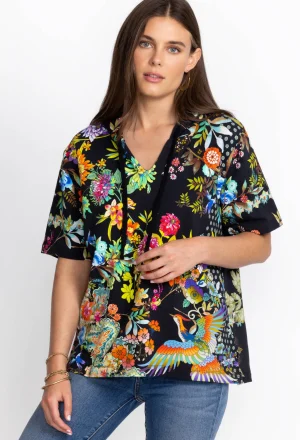 Women Johnny Was Black Dreamer Short Sleeve Notched Pullover Hoodie