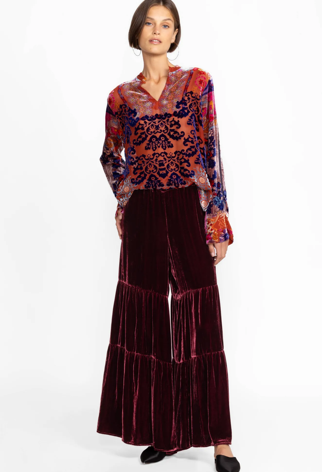 Women Johnny Was Black Velvet Tiered Wide Leg Pant