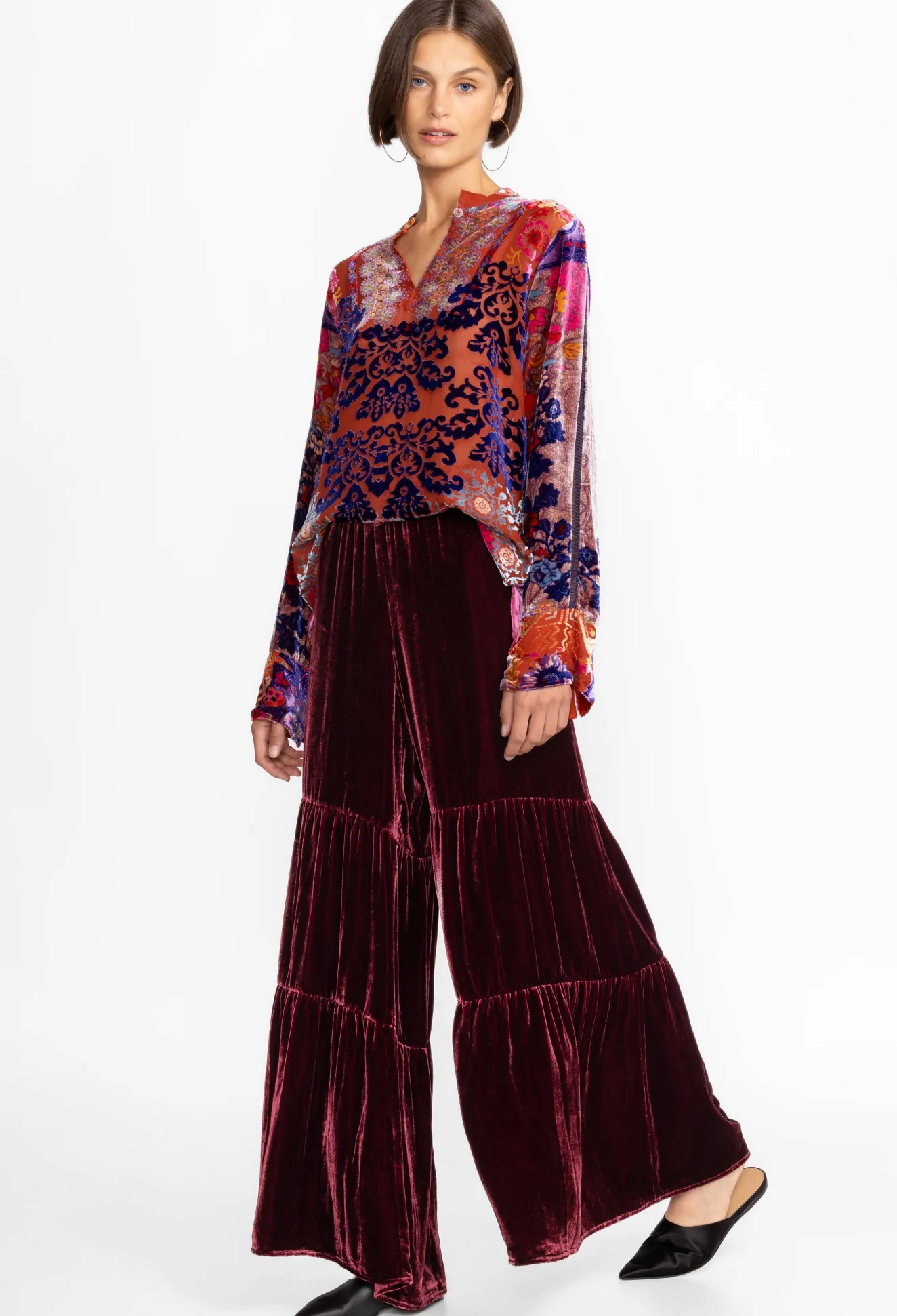 Women Johnny Was Black Velvet Tiered Wide Leg Pant