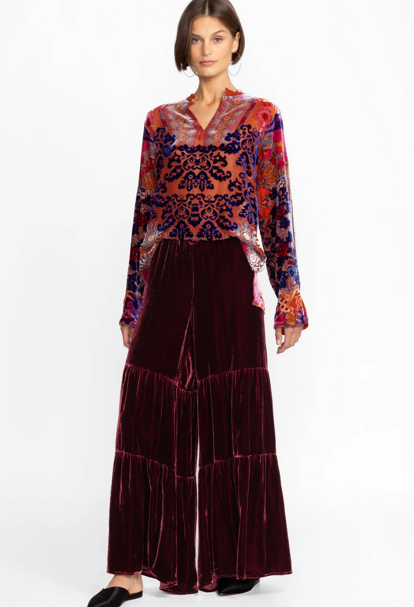 Women Johnny Was Black Velvet Tiered Wide Leg Pant