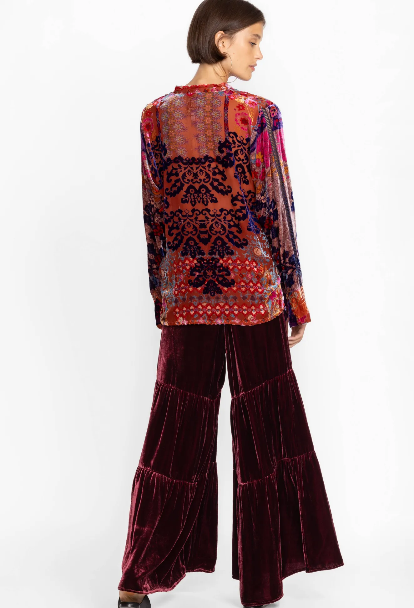 Women Johnny Was Black Velvet Tiered Wide Leg Pant