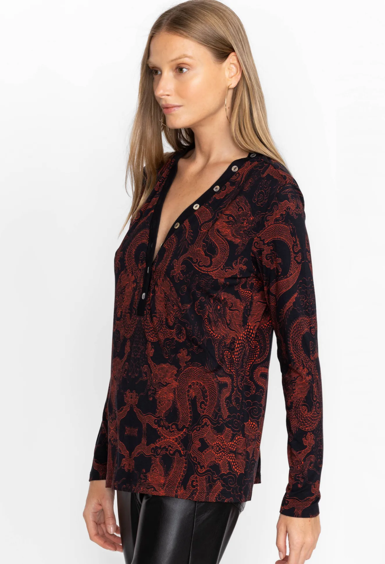 Women Johnny Was Button Neck L/S Tee