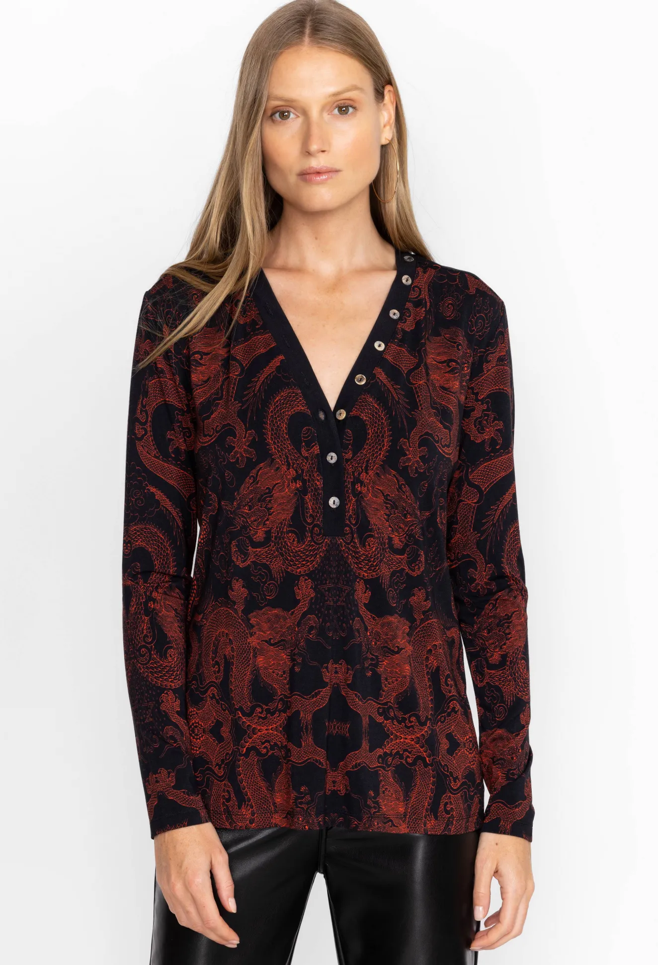 Women Johnny Was Button Neck L/S Tee