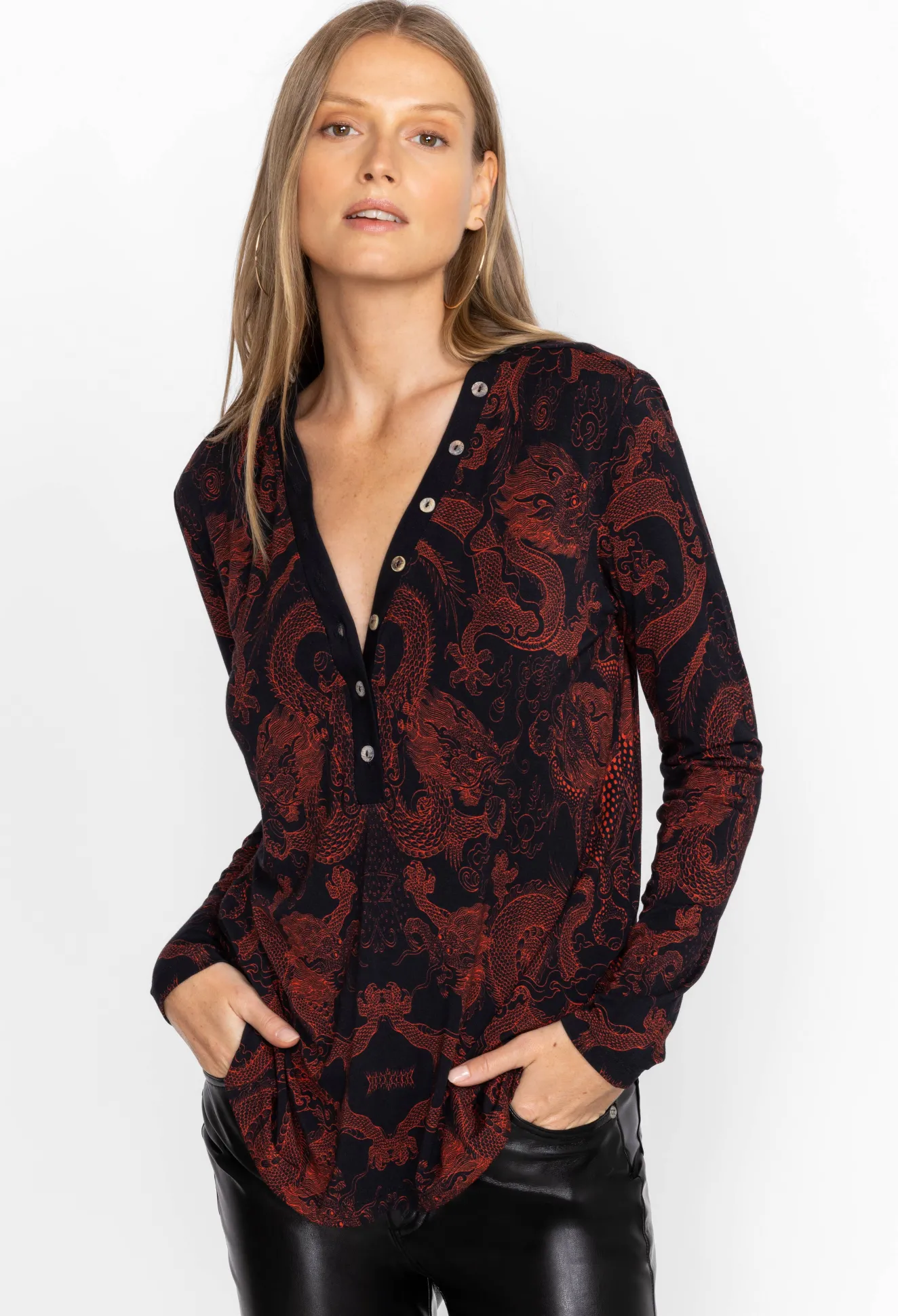 Women Johnny Was Button Neck L/S Tee