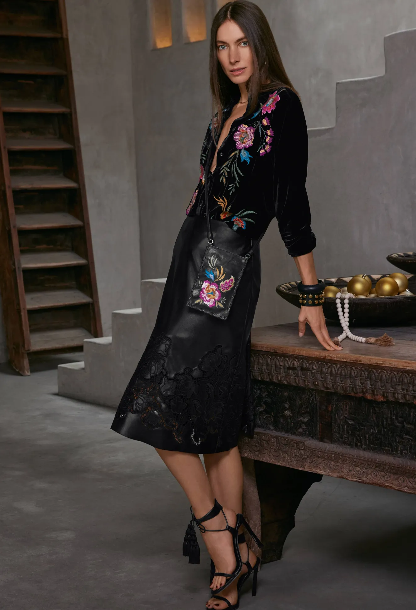 Women Johnny Was Enid Vegan Leather Midi Skirt