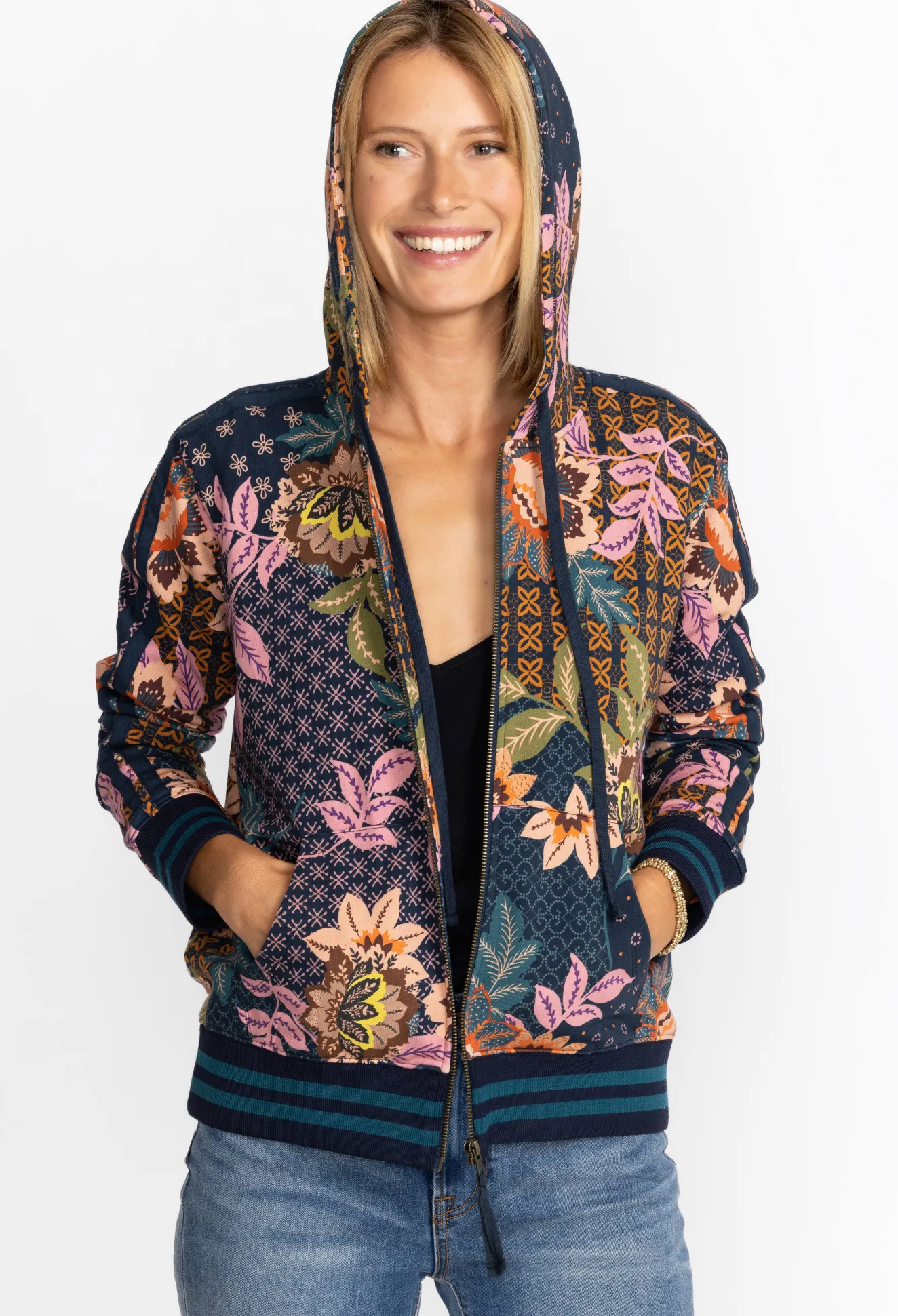 Women Johnny Was Front Zip Hoodie With Tape