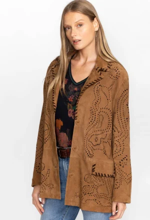 Women Johnny Was Laser Cut Suede Whipstitch Blazer