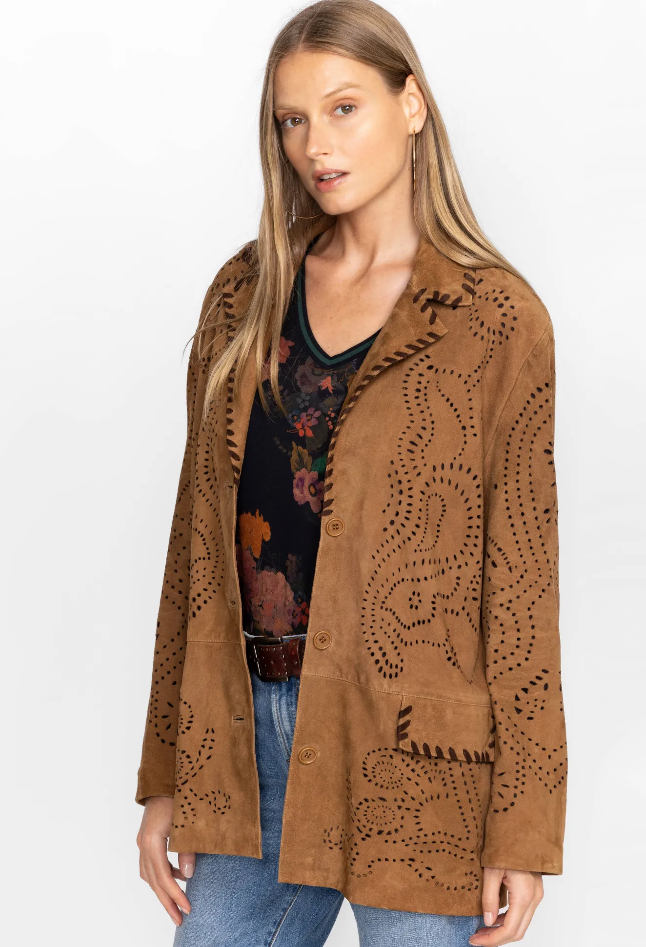 Women Johnny Was Laser Cut Suede Whipstitch Blazer