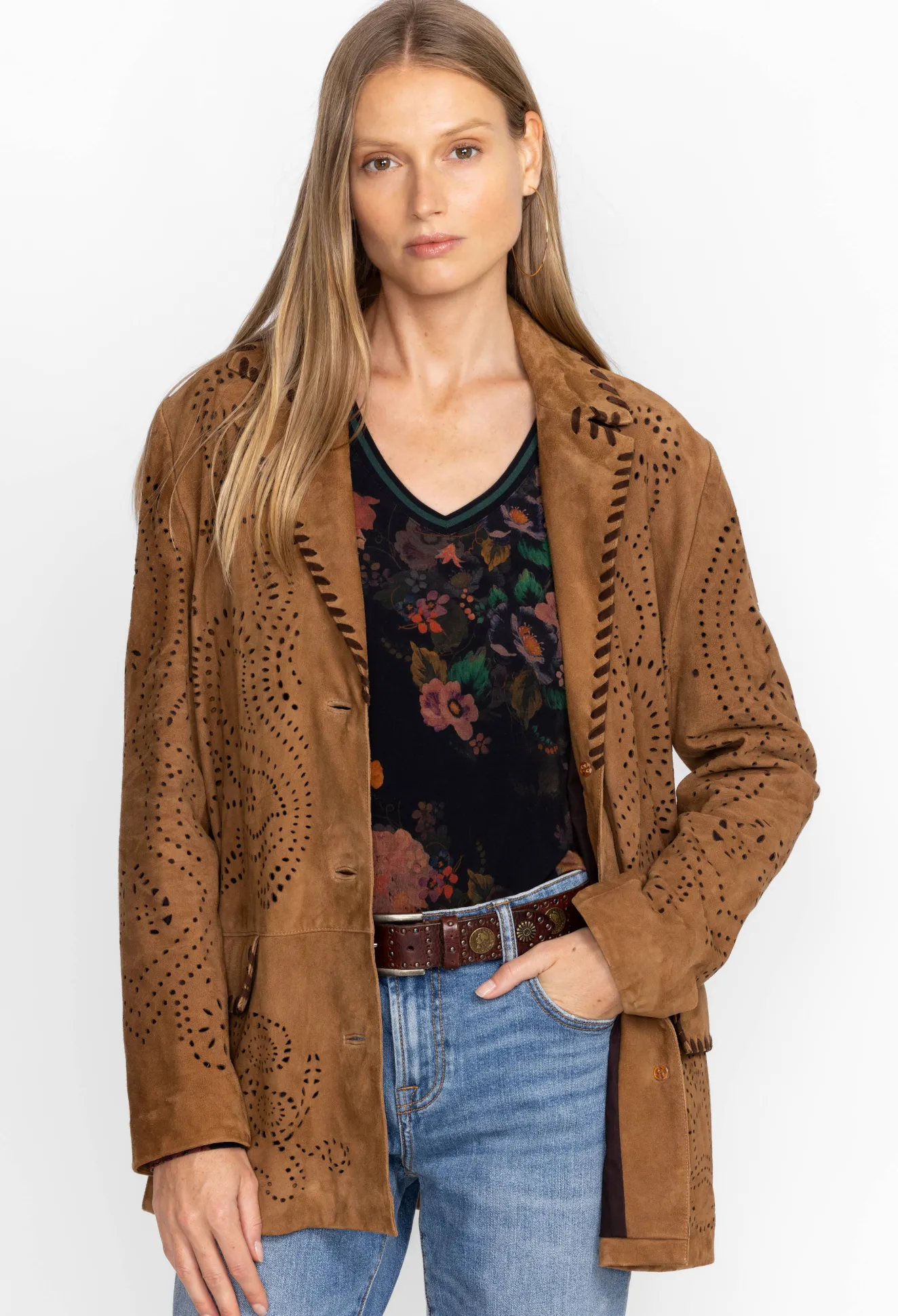 Women Johnny Was Laser Cut Suede Whipstitch Blazer