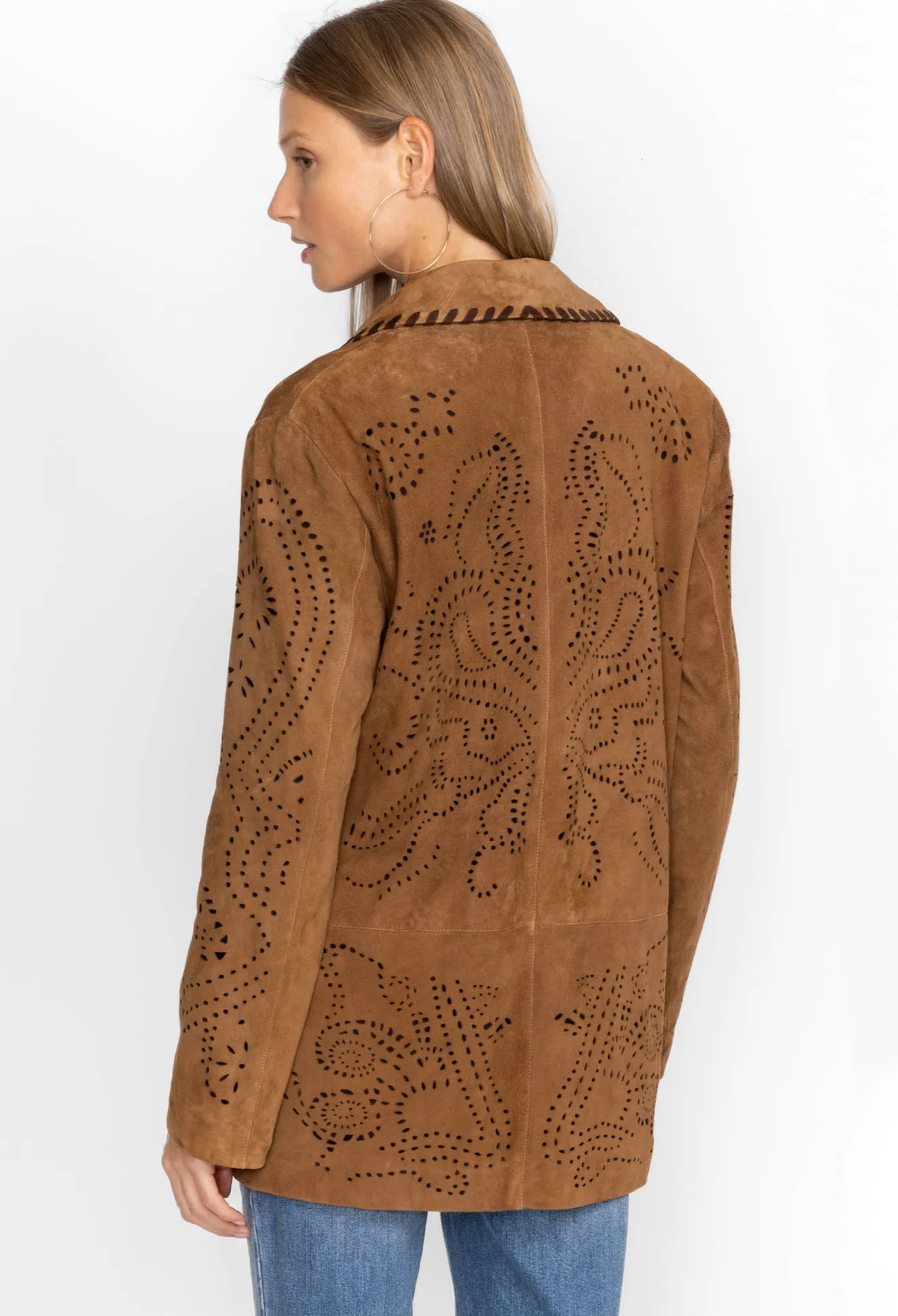 Women Johnny Was Laser Cut Suede Whipstitch Blazer