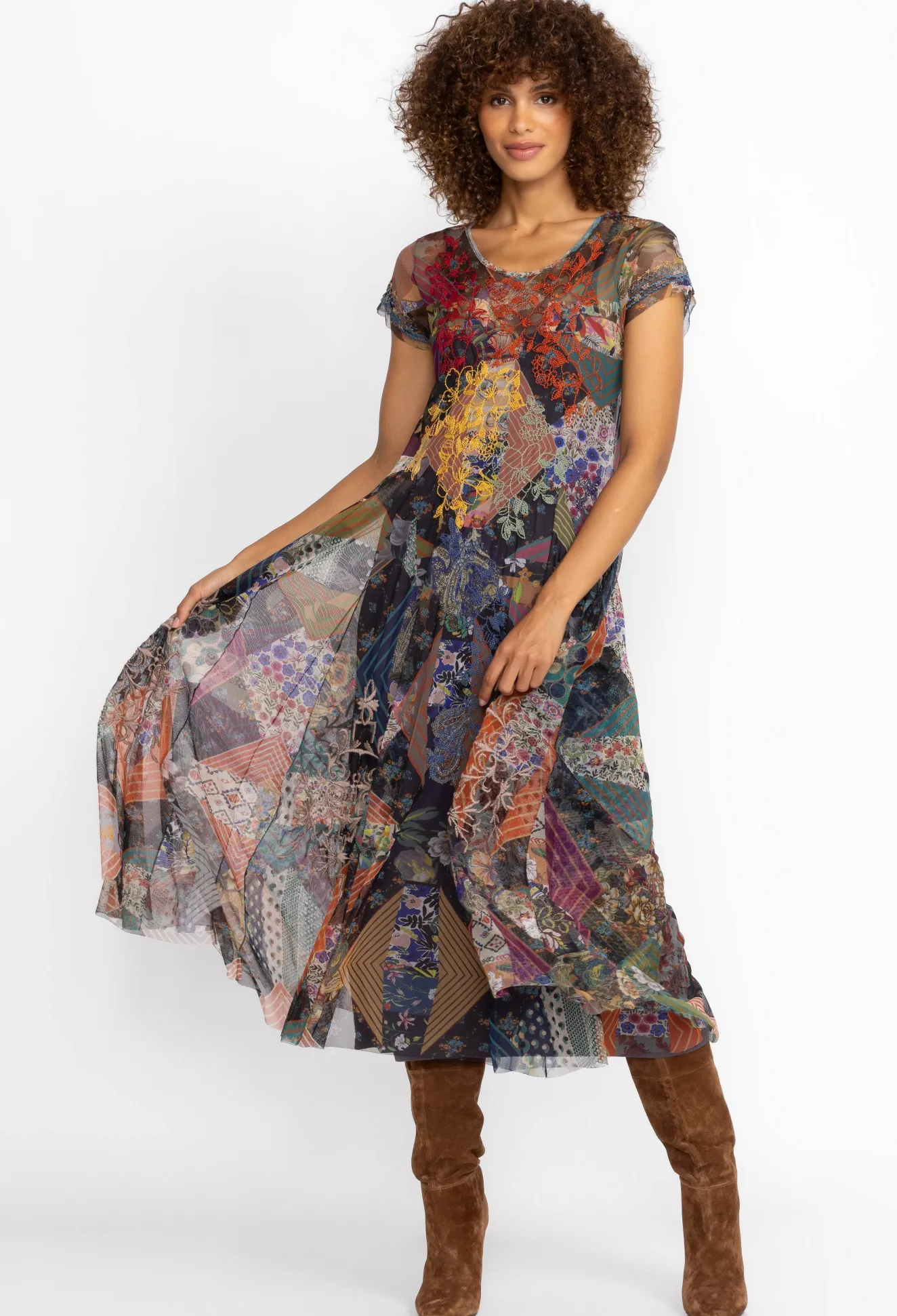 Women Johnny Was Mazzy Godet Short Slv Dress