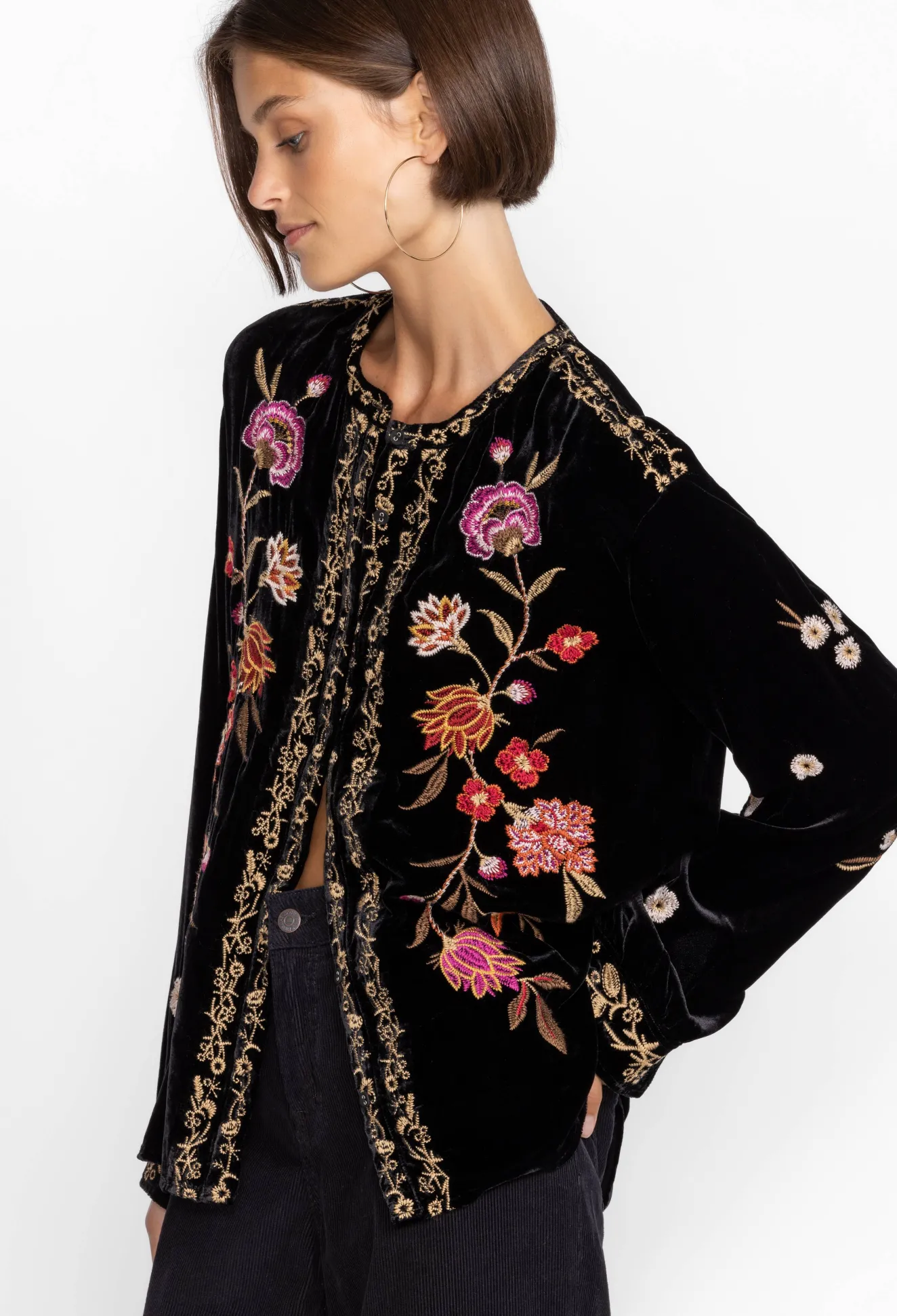 Women Johnny Was Quinn Velvet Mandarin Shirt