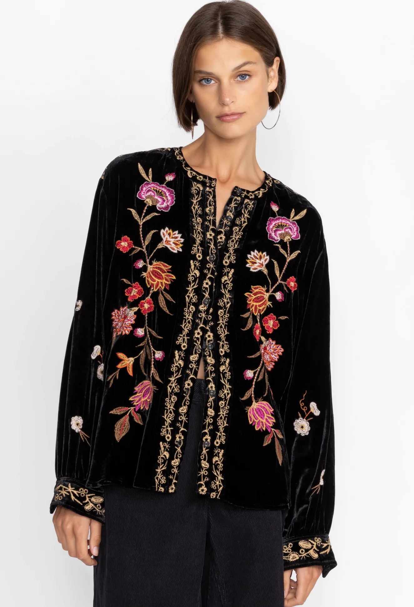 Women Johnny Was Quinn Velvet Mandarin Shirt