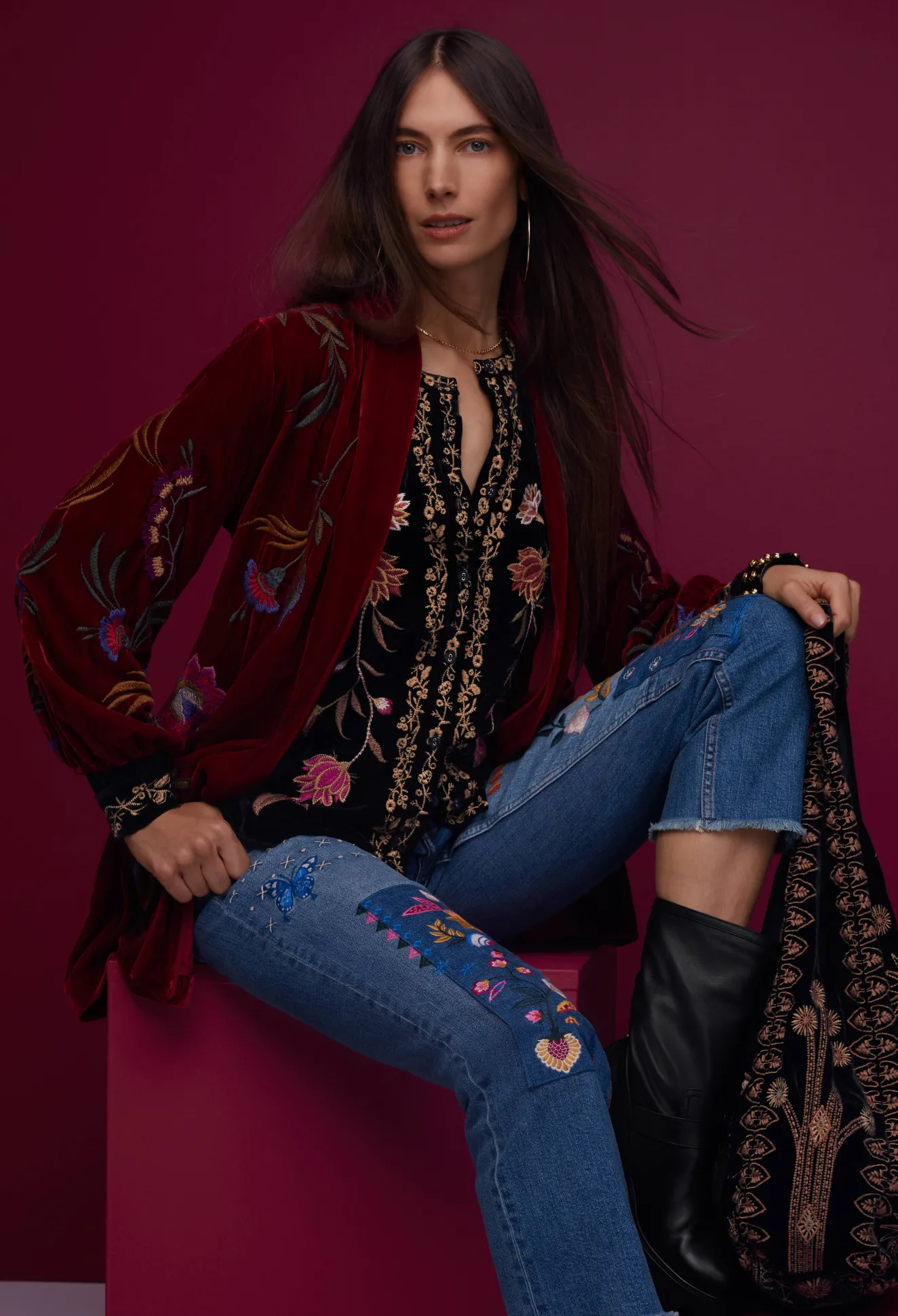 Women Johnny Was Quinn Velvet Mandarin Shirt