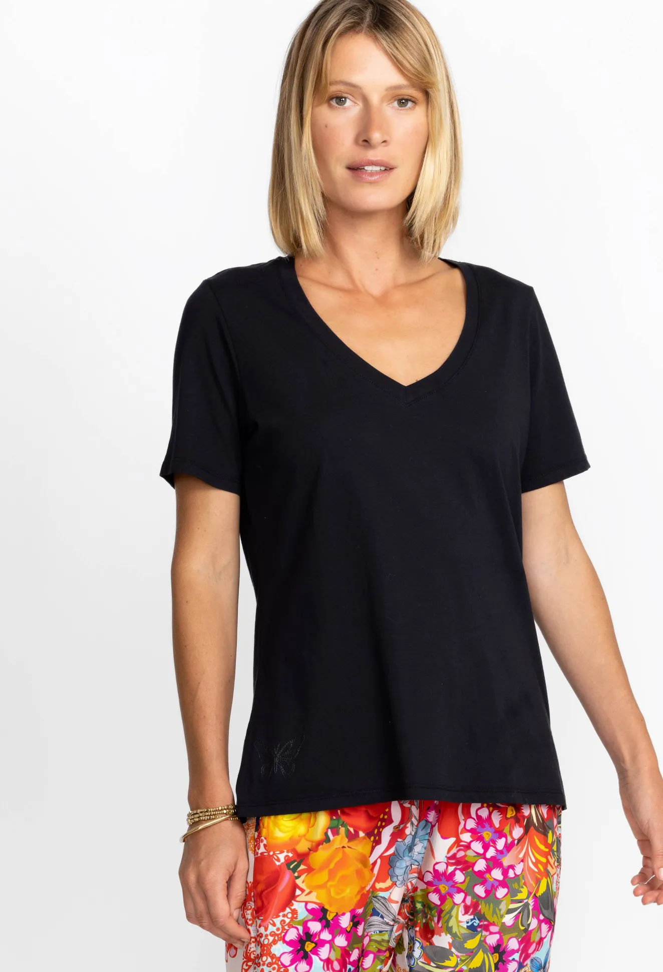 Women Johnny Was Short Sleeve V-Neck Layering Tee