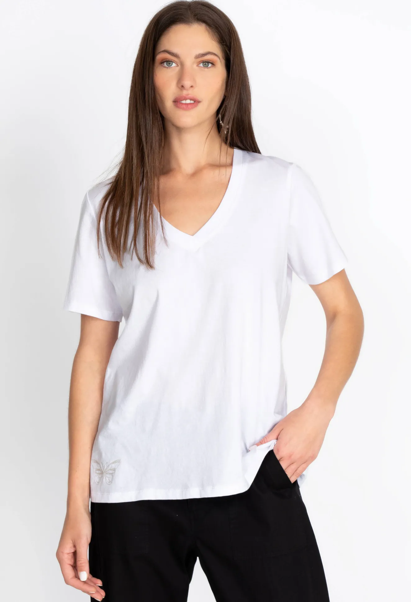 Women Johnny Was Short Sleeve V-Neck Layering Tee