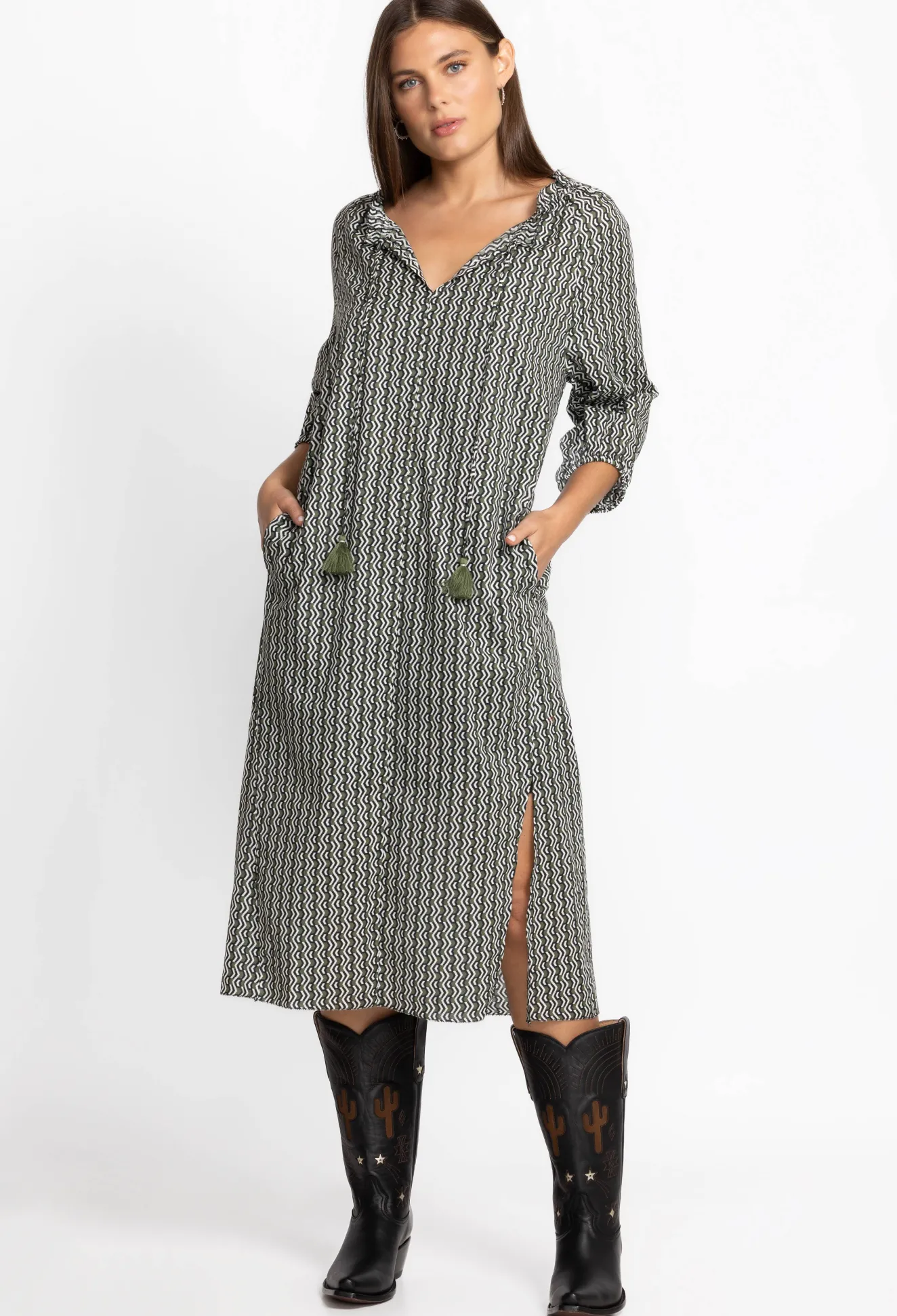 Women Johnny Was Split Ruffle Neck Midi