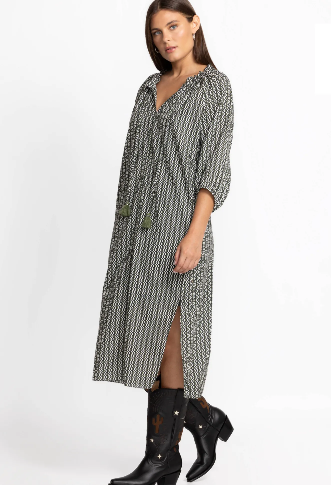 Women Johnny Was Split Ruffle Neck Midi