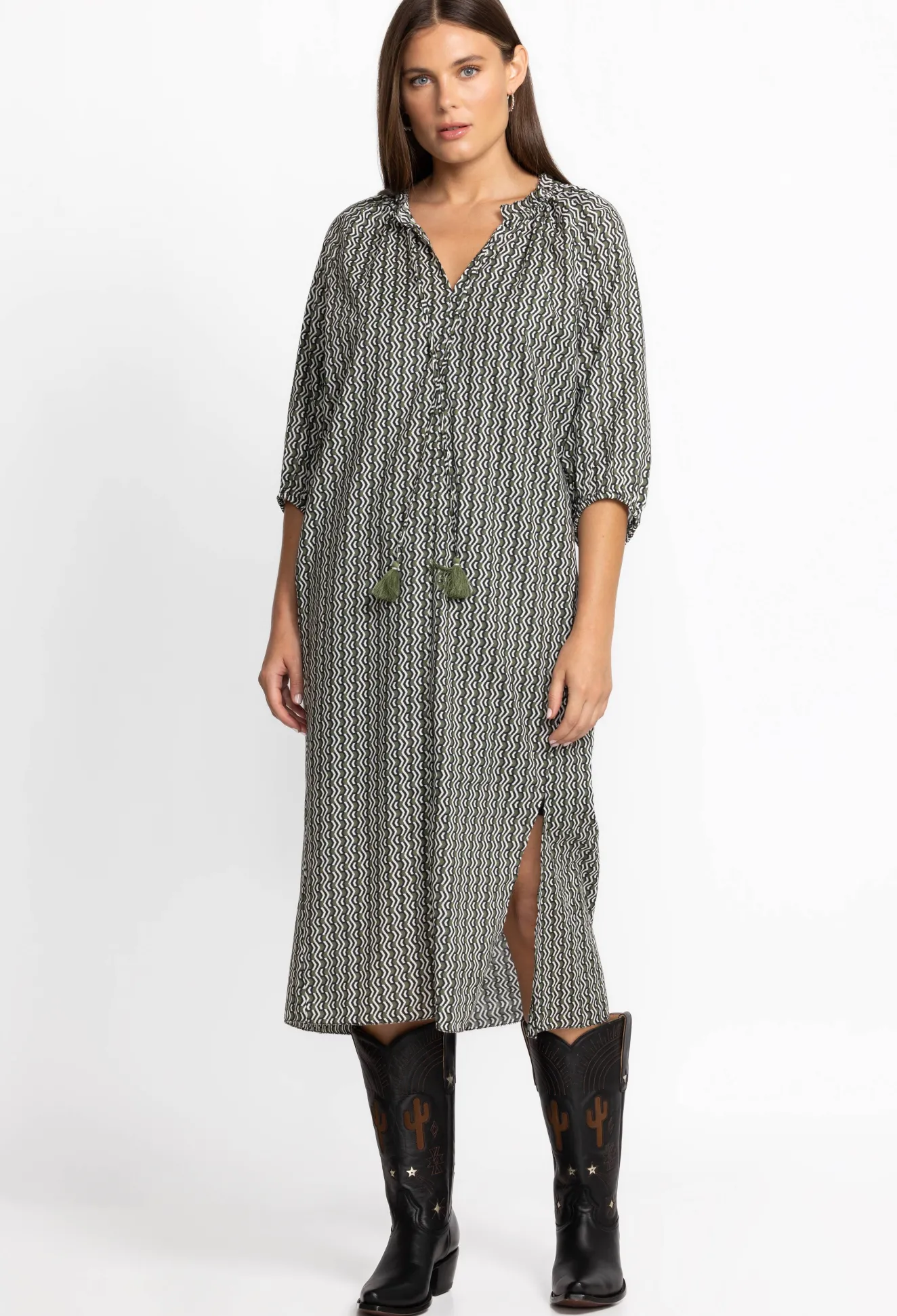 Women Johnny Was Split Ruffle Neck Midi