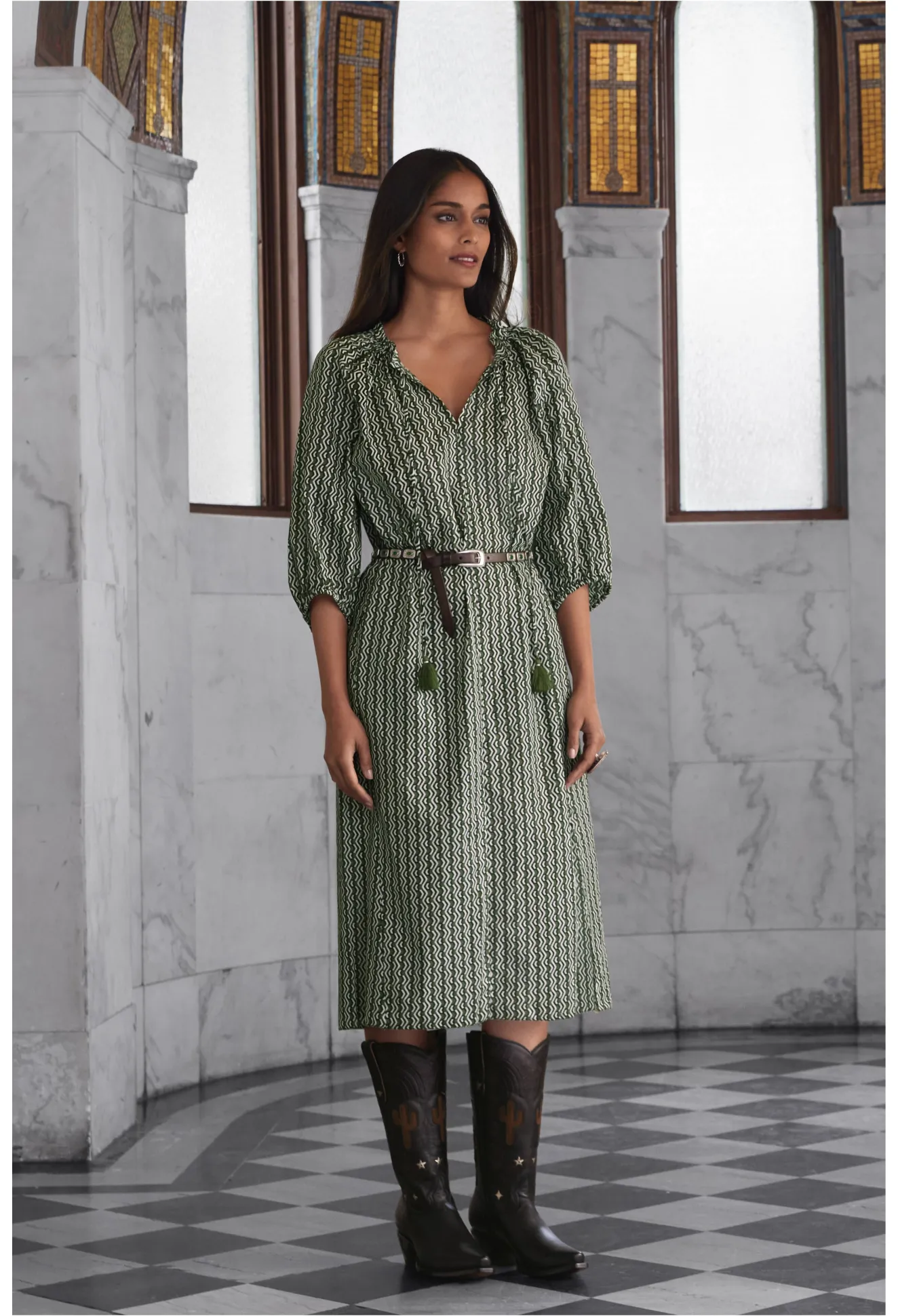 Women Johnny Was Split Ruffle Neck Midi