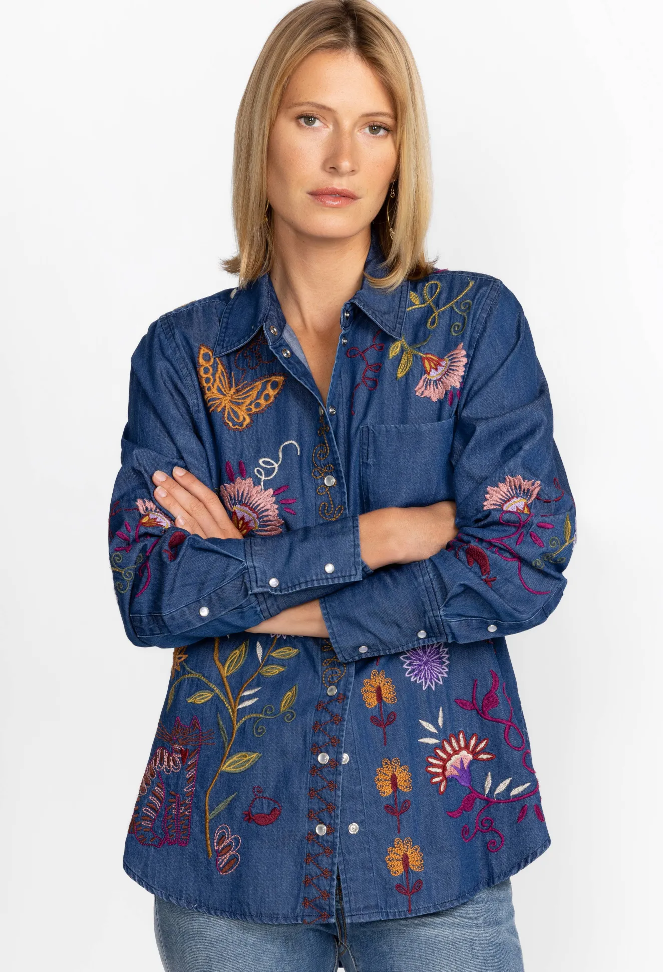 Women Johnny Was Toni Relaxed Denim Pocket Shirt