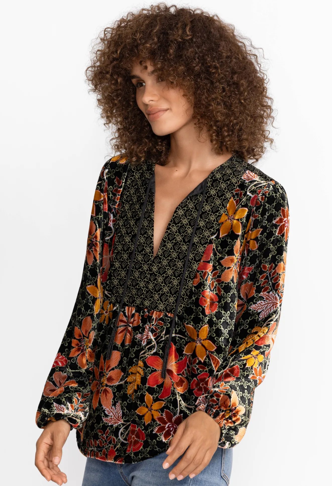 Women Johnny Was Velvet Curved Hem Blouse