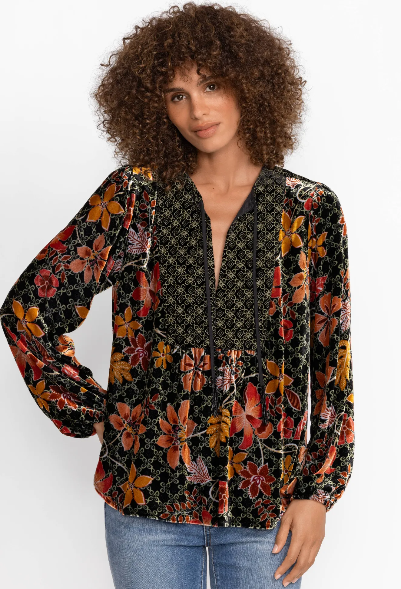 Women Johnny Was Velvet Curved Hem Blouse