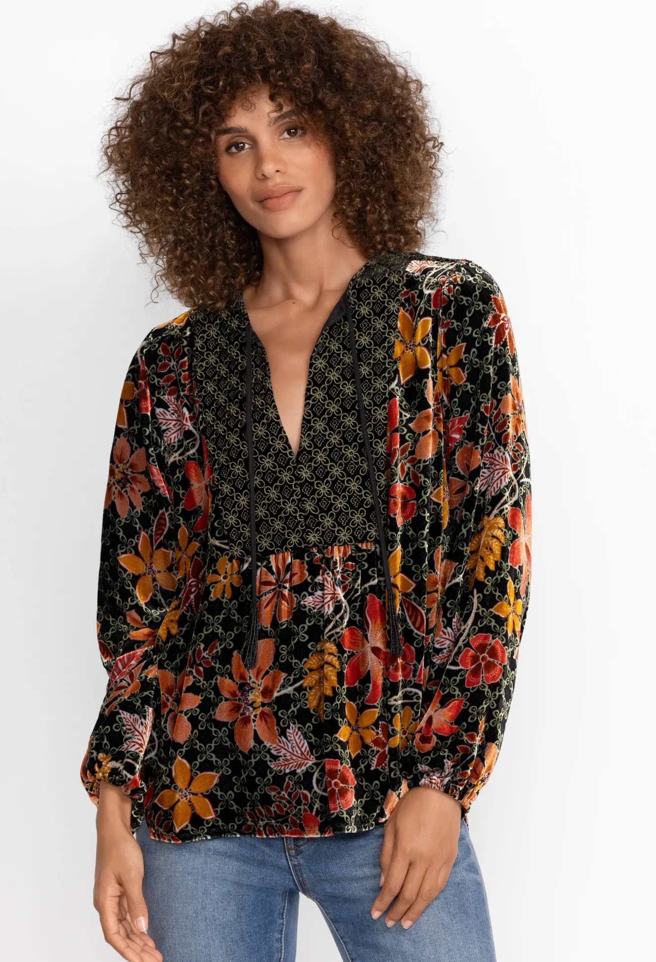 Women Johnny Was Velvet Curved Hem Blouse